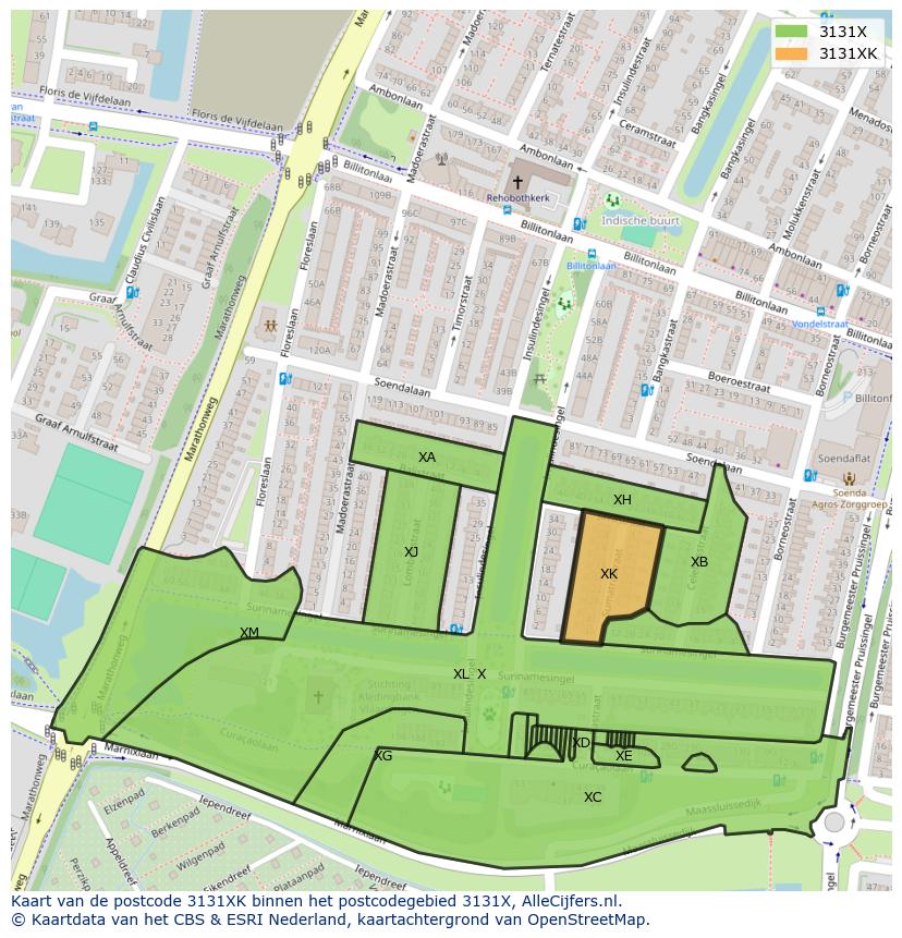 Afbeelding van het postcodegebied 3131 XK op de kaart.