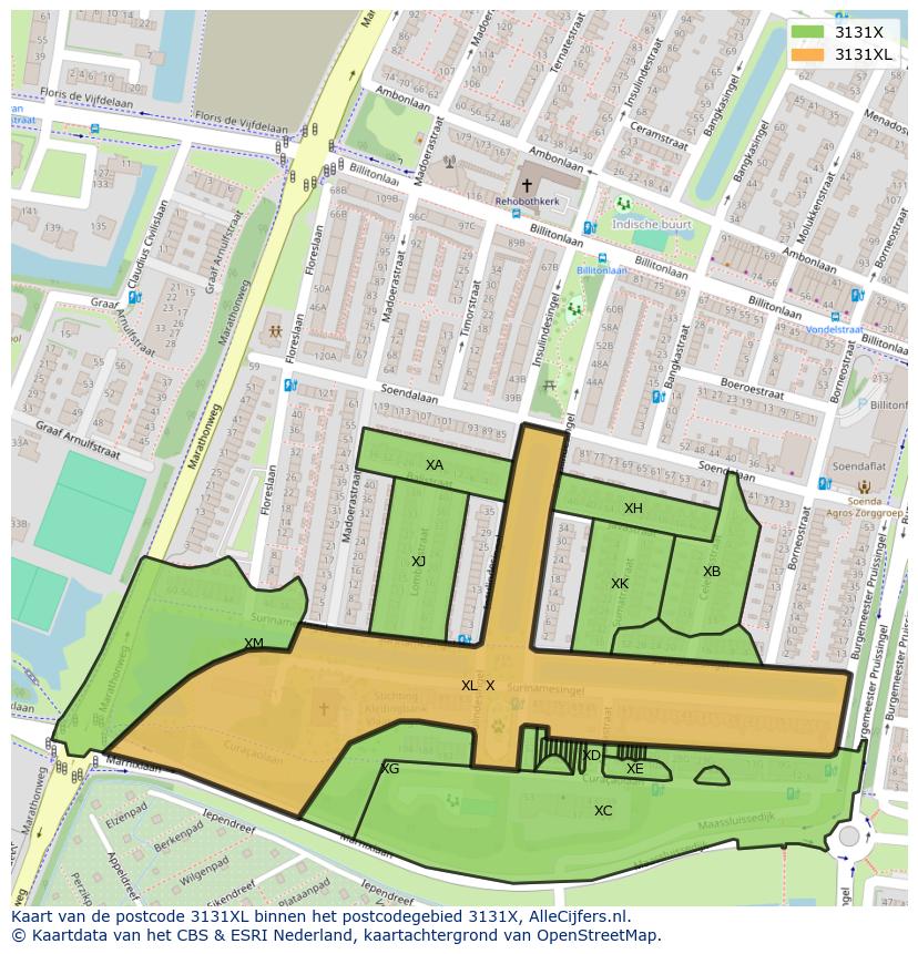 Afbeelding van het postcodegebied 3131 XL op de kaart.