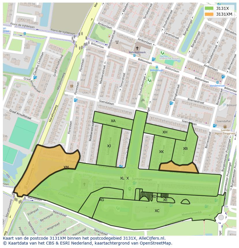 Afbeelding van het postcodegebied 3131 XM op de kaart.