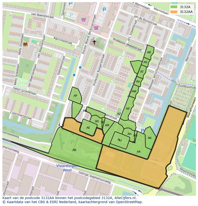 Afbeelding van het postcodegebied 3132 AA op de kaart.