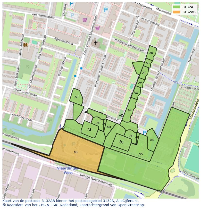 Afbeelding van het postcodegebied 3132 AB op de kaart.