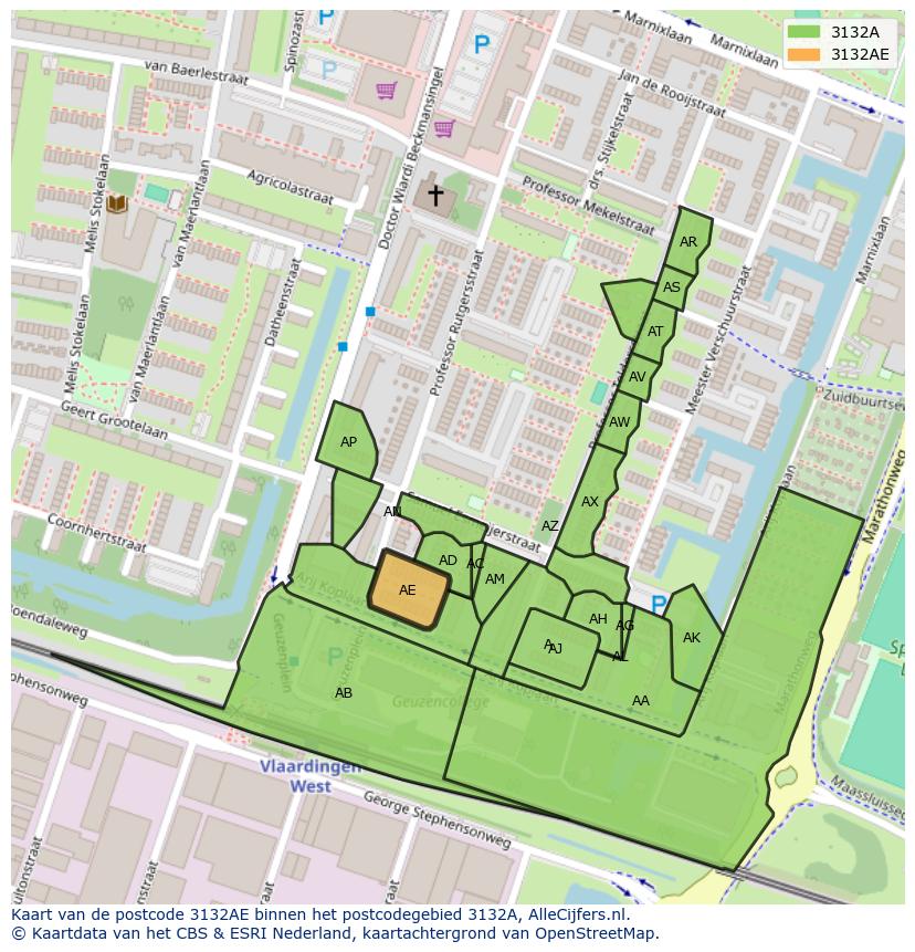 Afbeelding van het postcodegebied 3132 AE op de kaart.