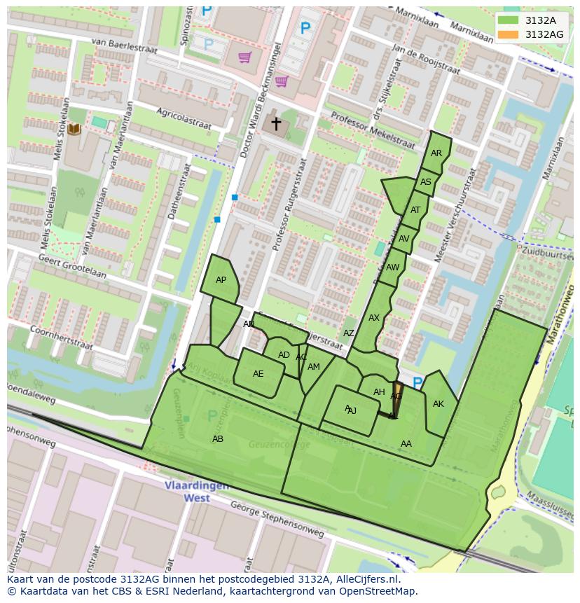 Afbeelding van het postcodegebied 3132 AG op de kaart.
