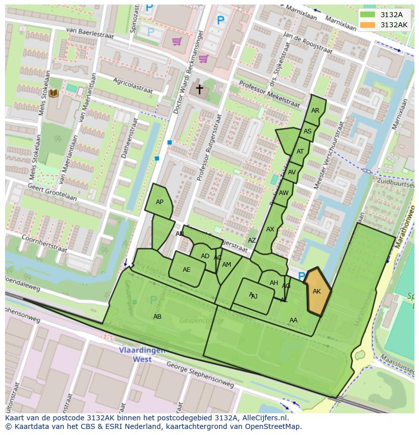 Afbeelding van het postcodegebied 3132 AK op de kaart.