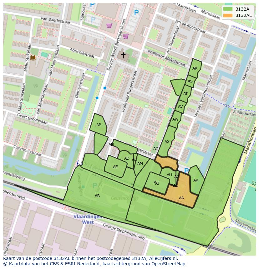 Afbeelding van het postcodegebied 3132 AL op de kaart.