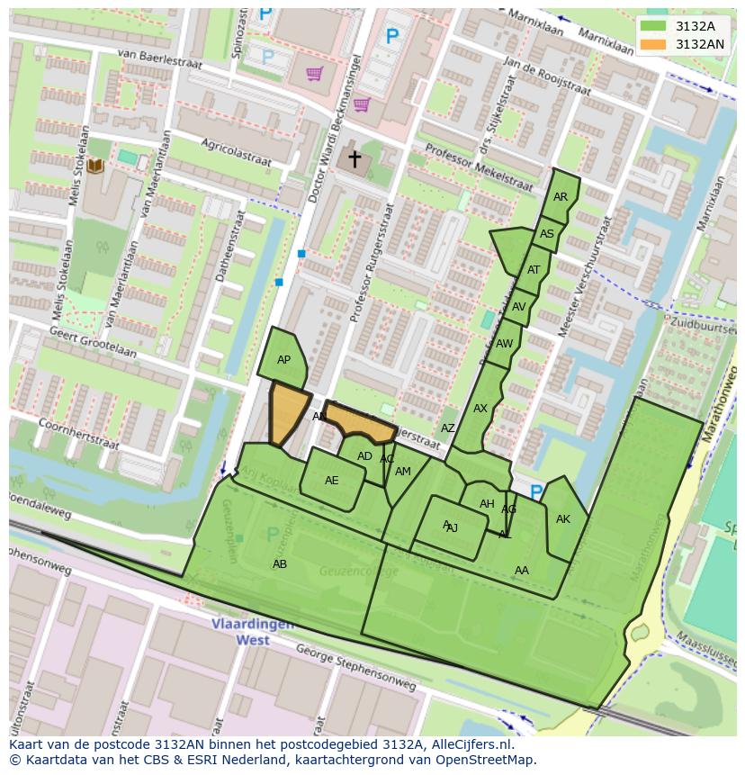 Afbeelding van het postcodegebied 3132 AN op de kaart.