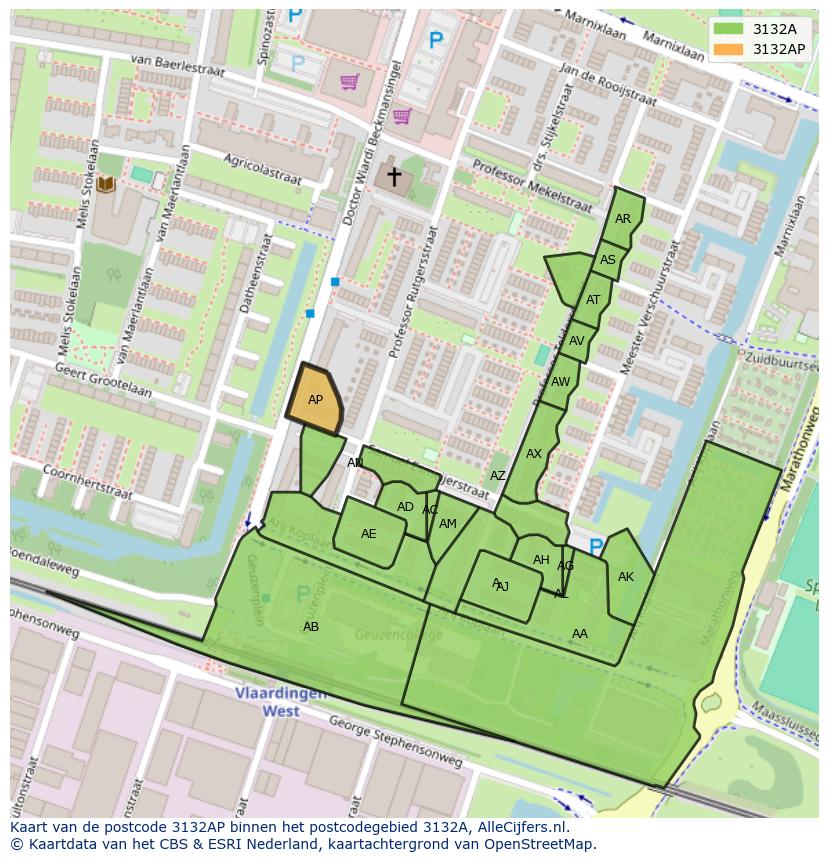 Afbeelding van het postcodegebied 3132 AP op de kaart.