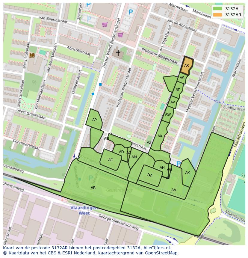 Afbeelding van het postcodegebied 3132 AR op de kaart.