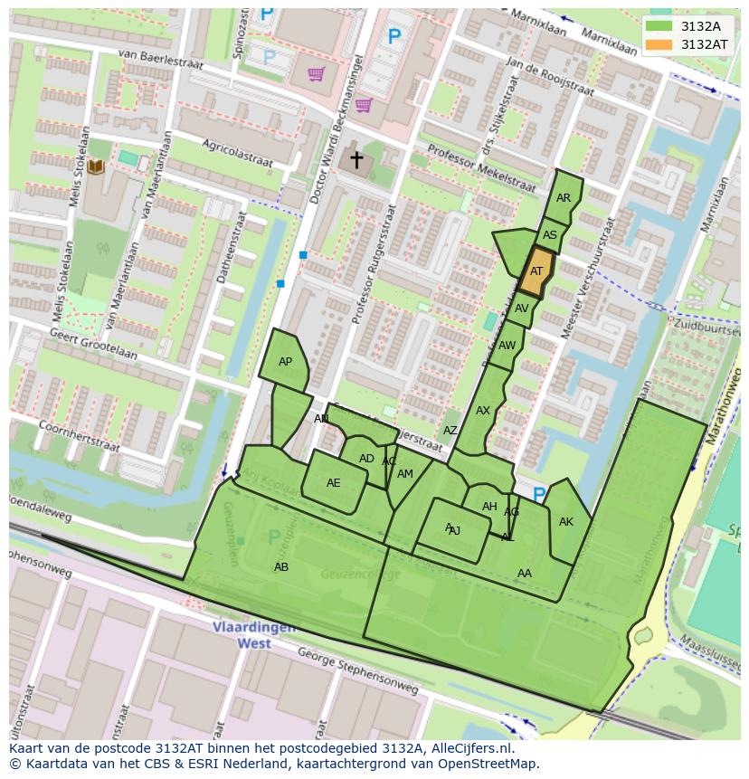 Afbeelding van het postcodegebied 3132 AT op de kaart.