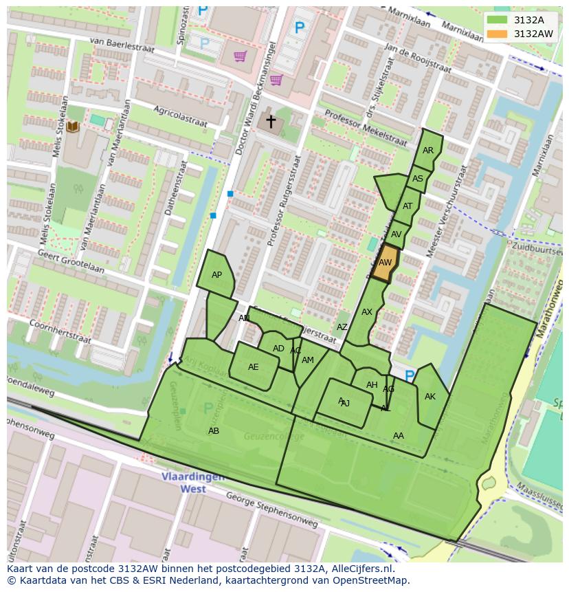 Afbeelding van het postcodegebied 3132 AW op de kaart.