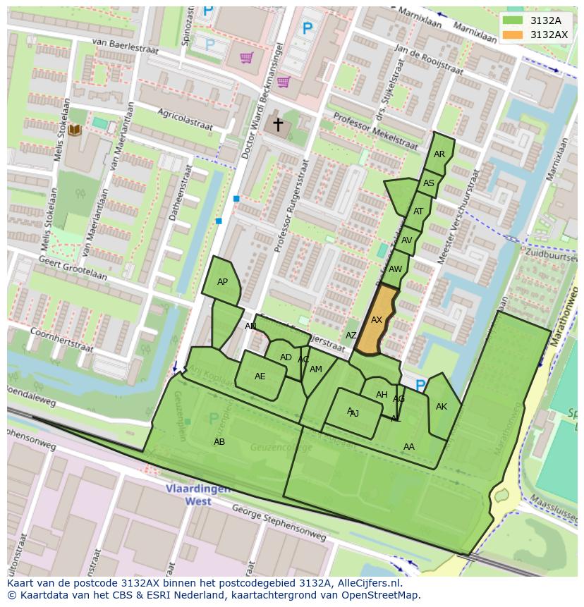 Afbeelding van het postcodegebied 3132 AX op de kaart.