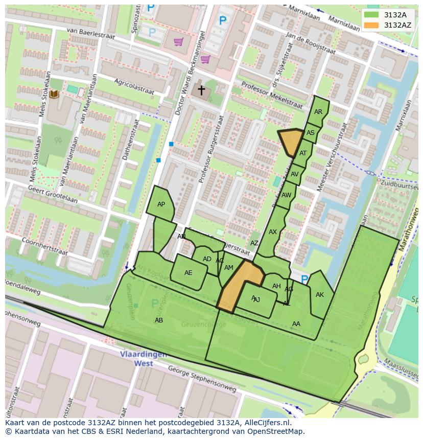 Afbeelding van het postcodegebied 3132 AZ op de kaart.