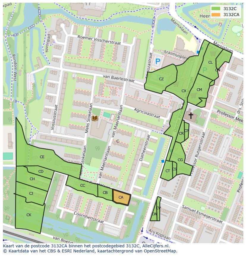 Afbeelding van het postcodegebied 3132 CA op de kaart.