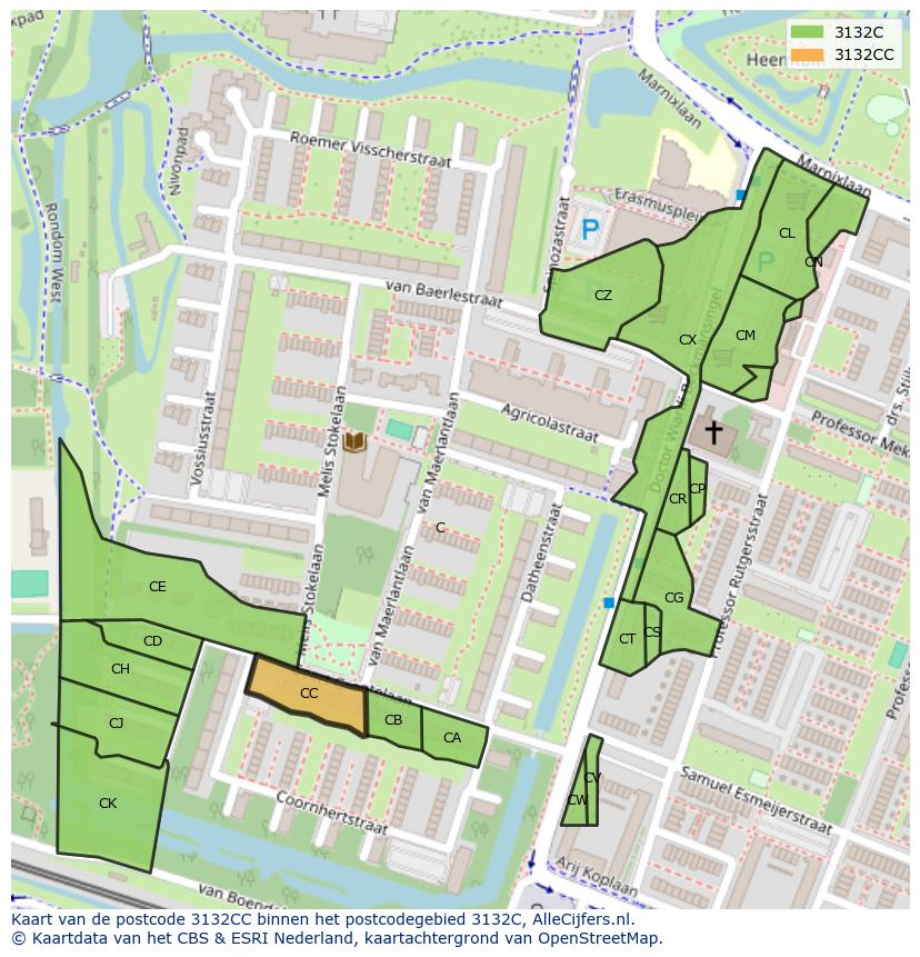 Afbeelding van het postcodegebied 3132 CC op de kaart.