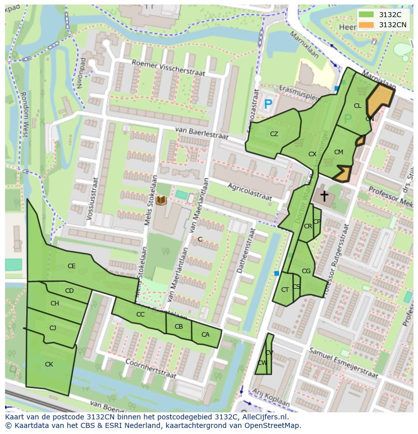 Afbeelding van het postcodegebied 3132 CN op de kaart.