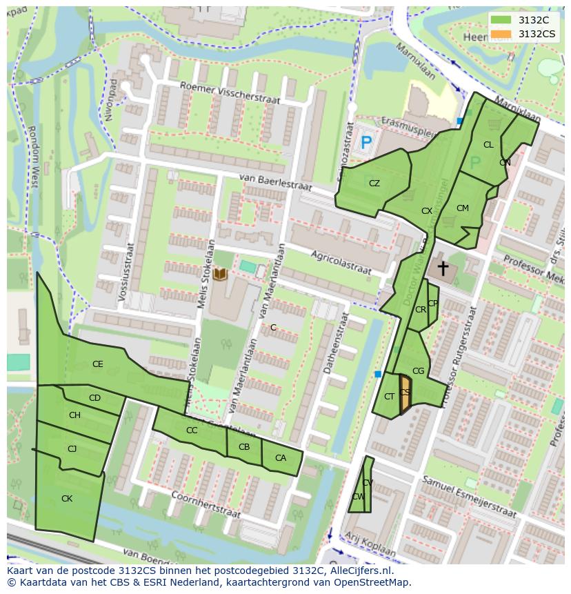 Afbeelding van het postcodegebied 3132 CS op de kaart.