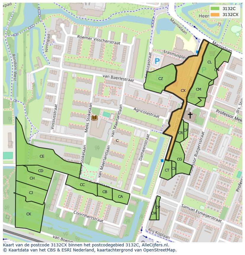 Afbeelding van het postcodegebied 3132 CX op de kaart.