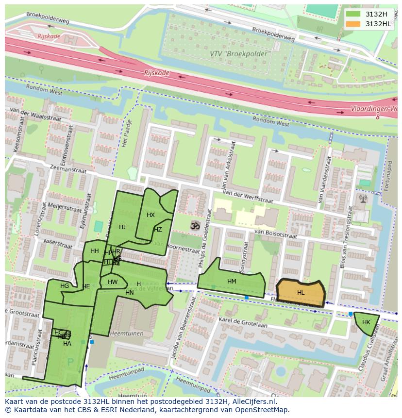 Afbeelding van het postcodegebied 3132 HL op de kaart.