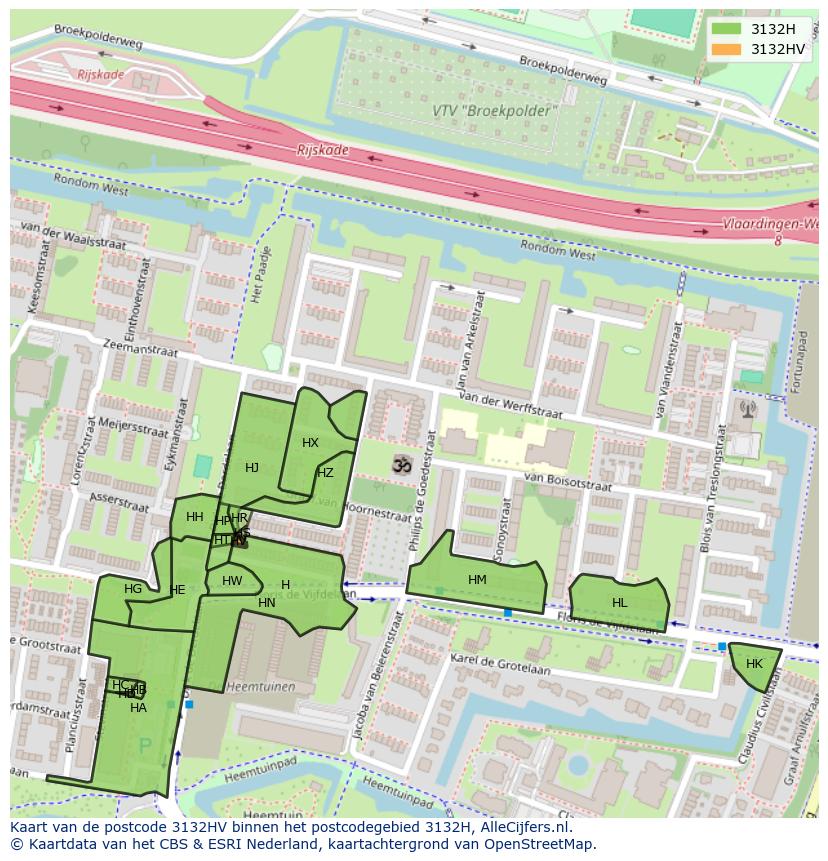 Afbeelding van het postcodegebied 3132 HV op de kaart.