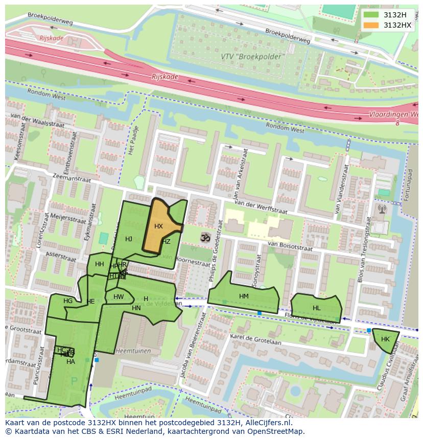 Afbeelding van het postcodegebied 3132 HX op de kaart.