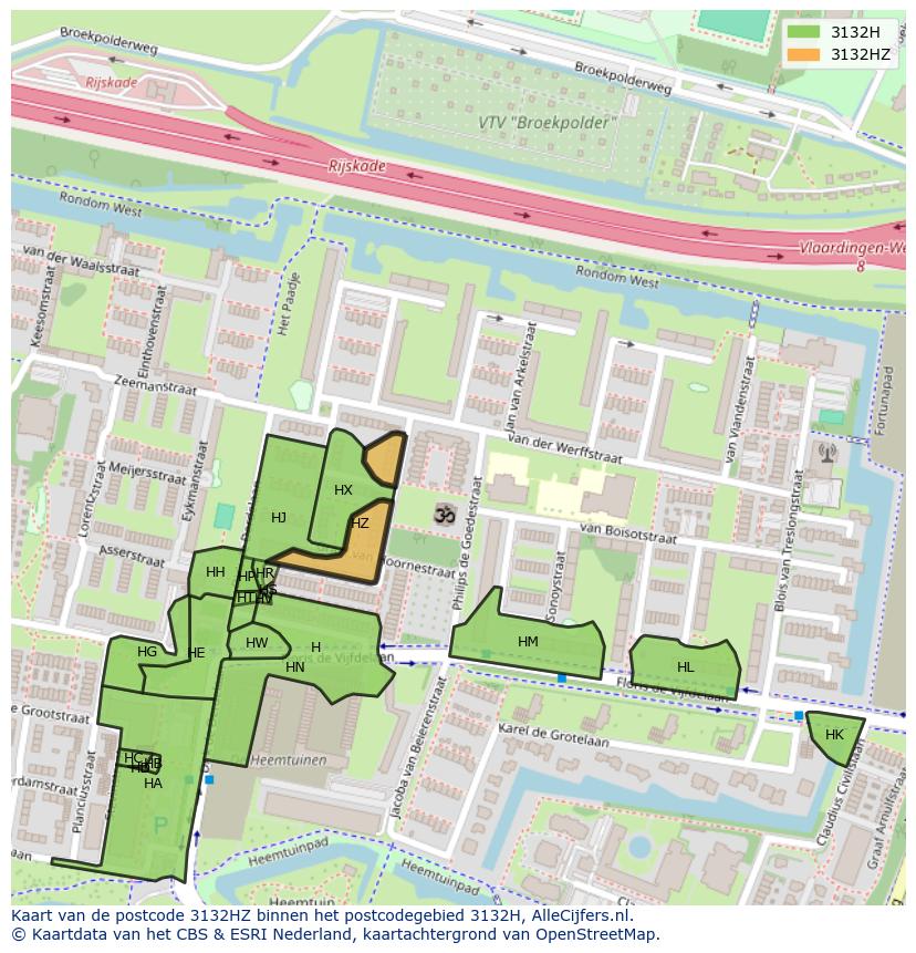 Afbeelding van het postcodegebied 3132 HZ op de kaart.