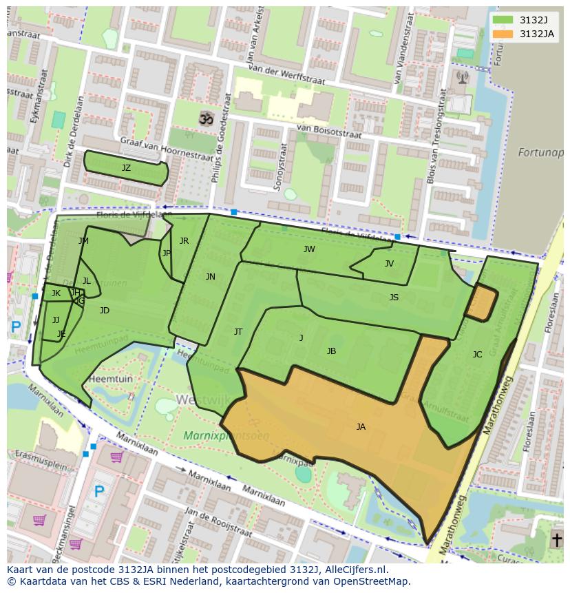 Afbeelding van het postcodegebied 3132 JA op de kaart.