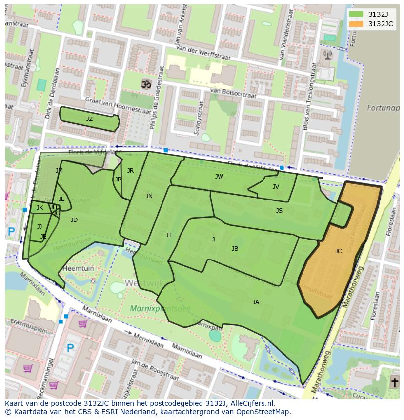 Afbeelding van het postcodegebied 3132 JC op de kaart.
