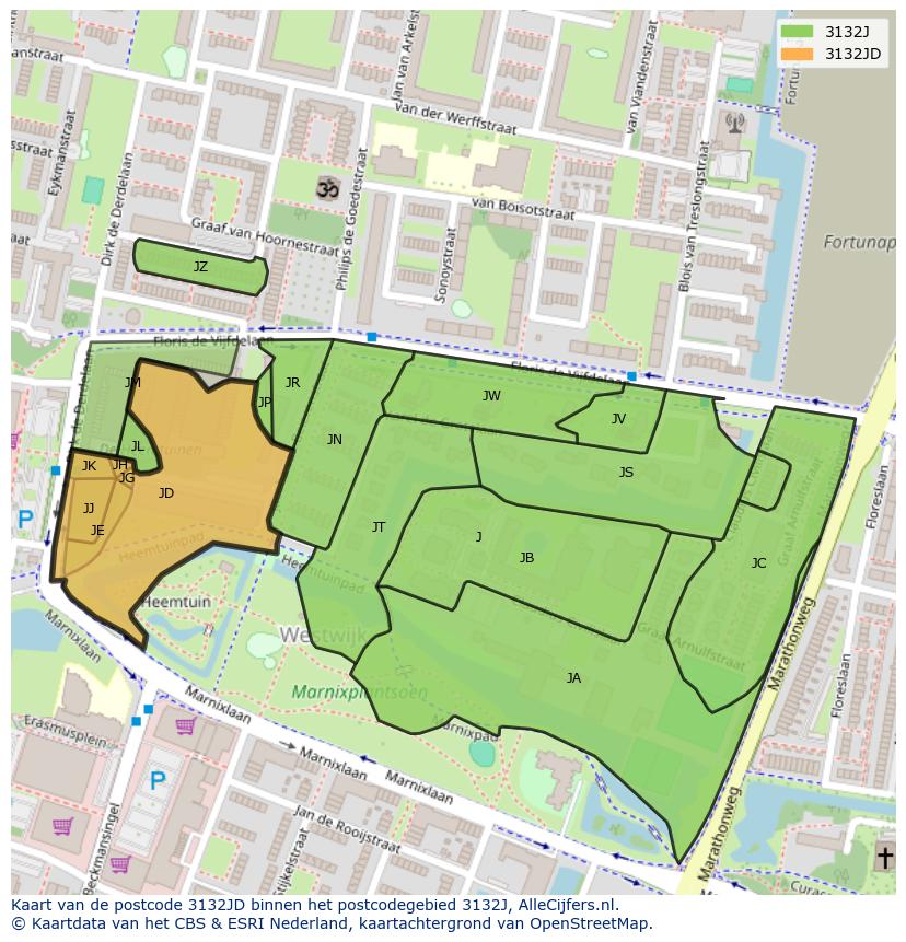 Afbeelding van het postcodegebied 3132 JD op de kaart.