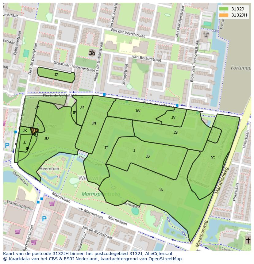 Afbeelding van het postcodegebied 3132 JH op de kaart.