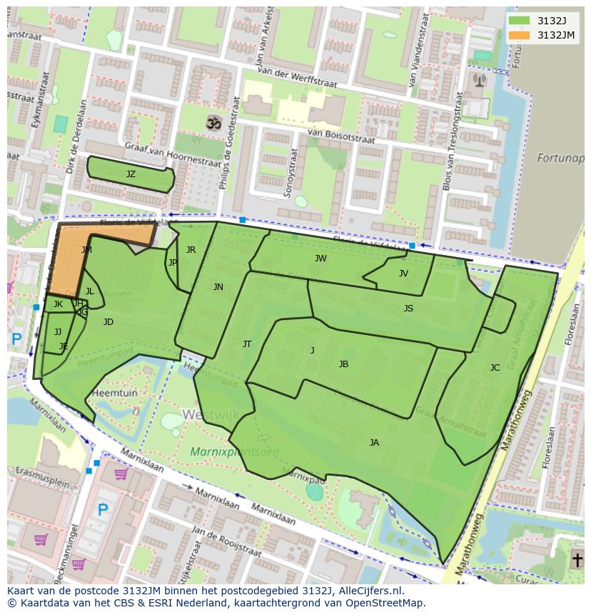 Afbeelding van het postcodegebied 3132 JM op de kaart.