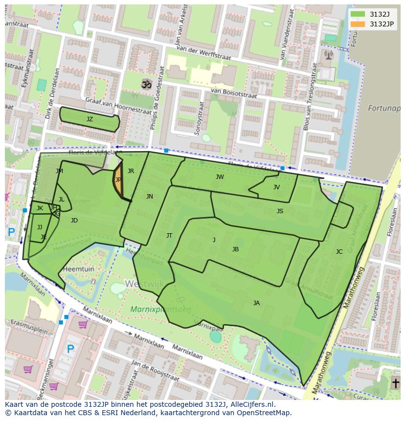 Afbeelding van het postcodegebied 3132 JP op de kaart.
