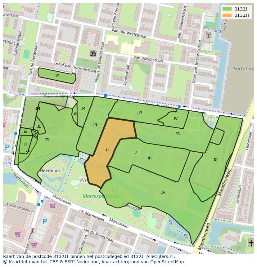 Afbeelding van het postcodegebied 3132 JT op de kaart.