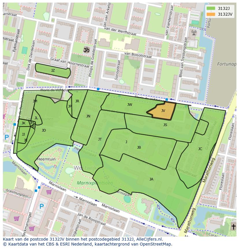 Afbeelding van het postcodegebied 3132 JV op de kaart.