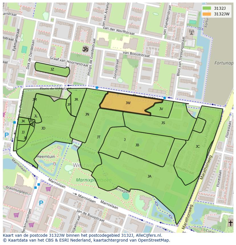 Afbeelding van het postcodegebied 3132 JW op de kaart.