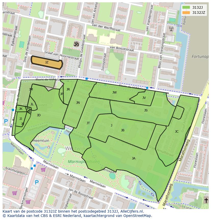 Afbeelding van het postcodegebied 3132 JZ op de kaart.