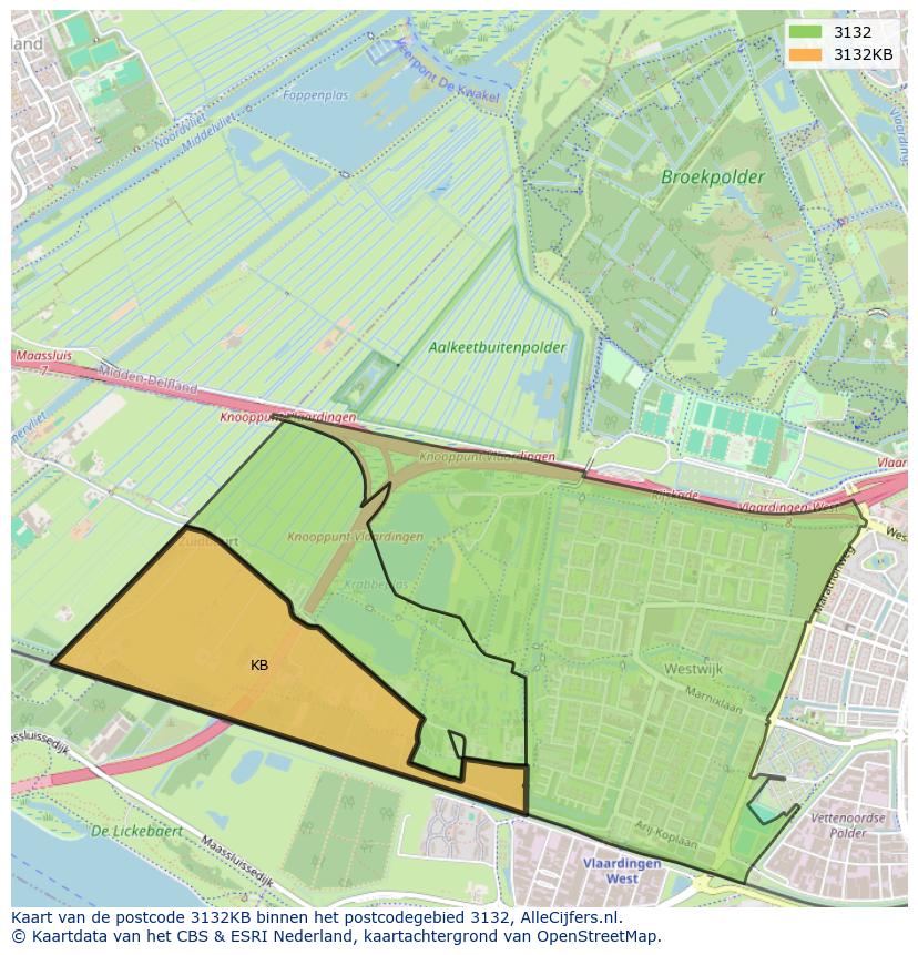 Afbeelding van het postcodegebied 3132 KB op de kaart.