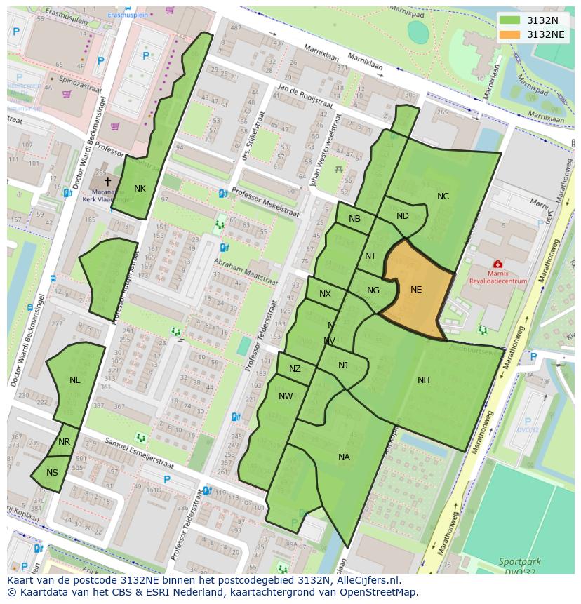 Afbeelding van het postcodegebied 3132 NE op de kaart.