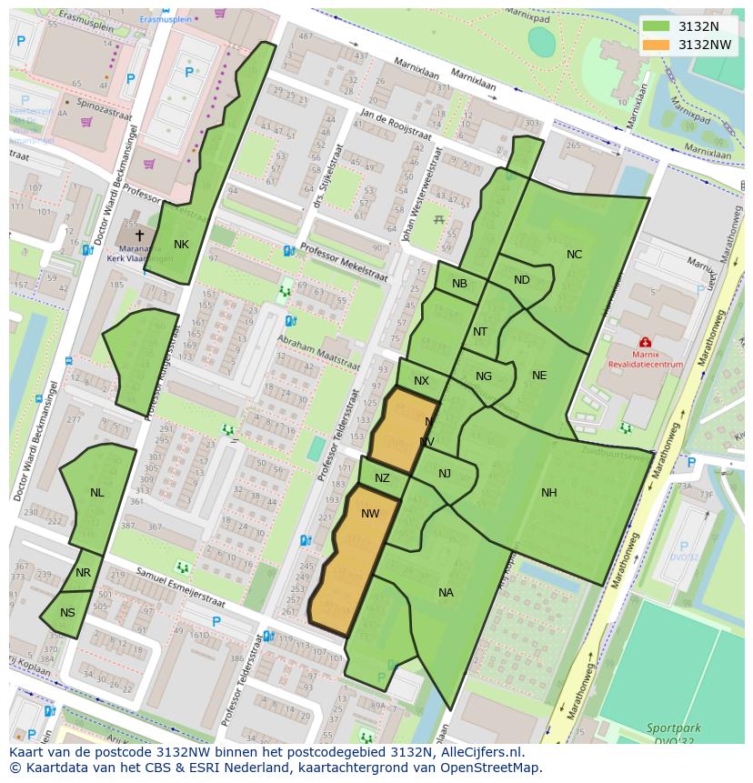 Afbeelding van het postcodegebied 3132 NW op de kaart.