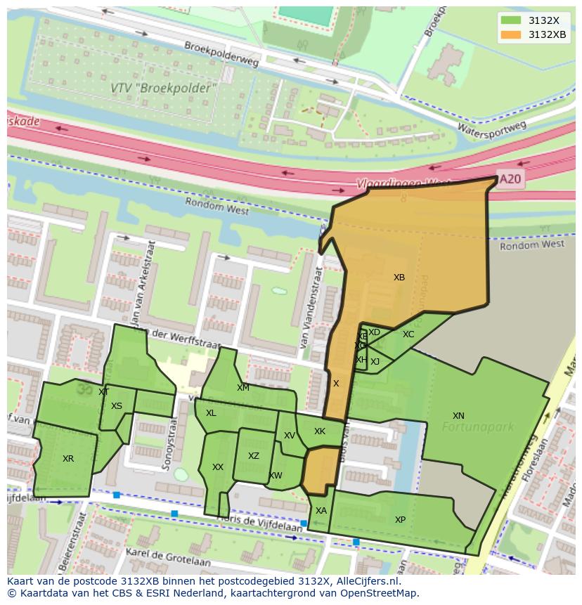 Afbeelding van het postcodegebied 3132 XB op de kaart.