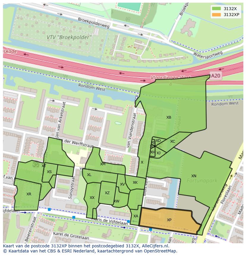 Afbeelding van het postcodegebied 3132 XP op de kaart.