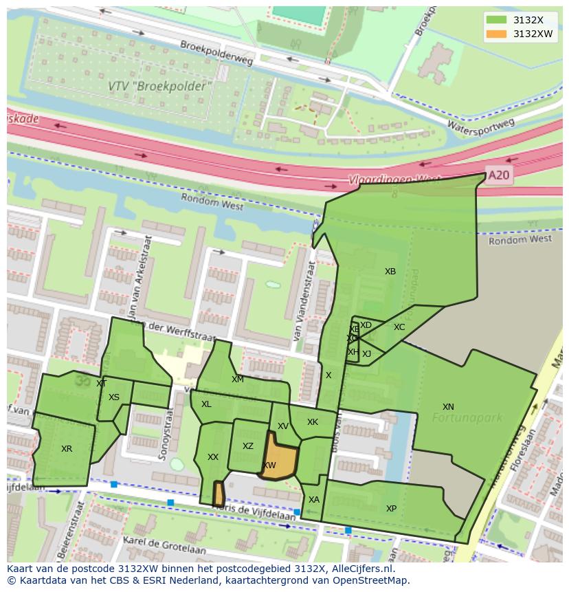Afbeelding van het postcodegebied 3132 XW op de kaart.