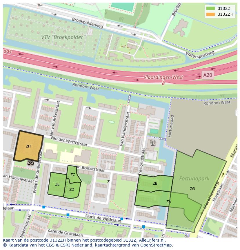 Afbeelding van het postcodegebied 3132 ZH op de kaart.