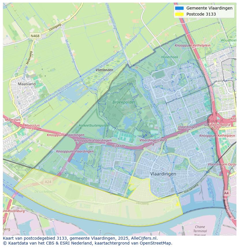 Afbeelding van het postcodegebied 3133 op de kaart.