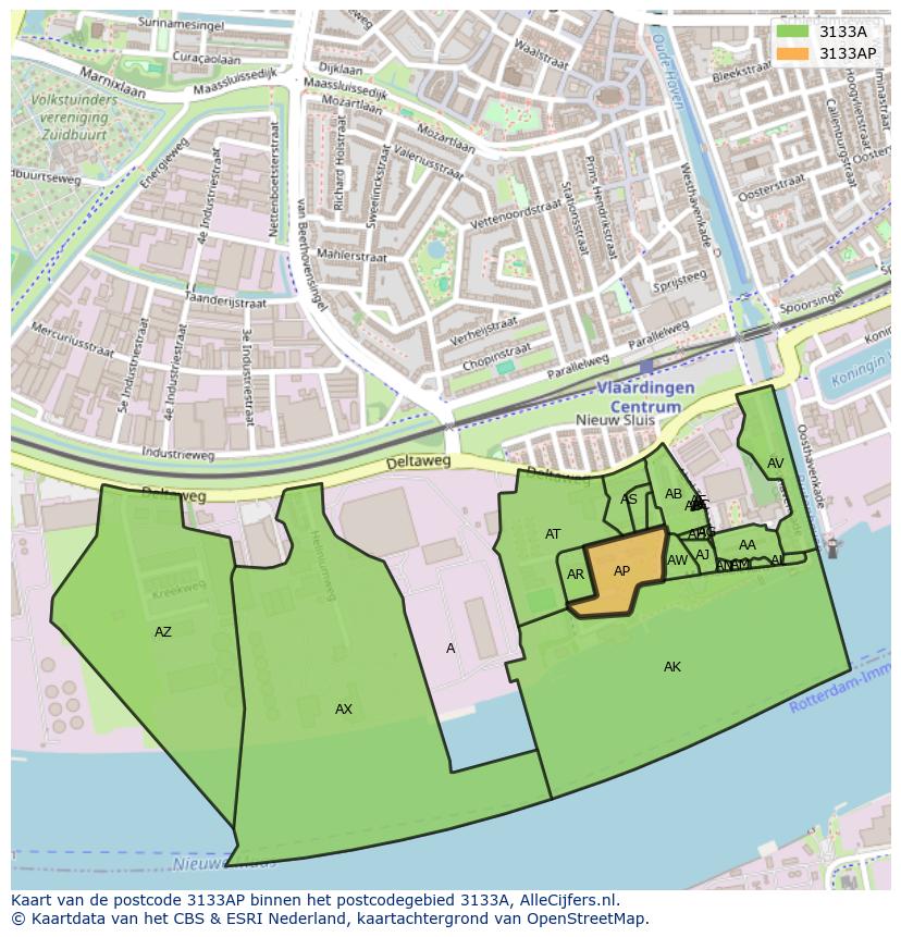 Afbeelding van het postcodegebied 3133 AP op de kaart.