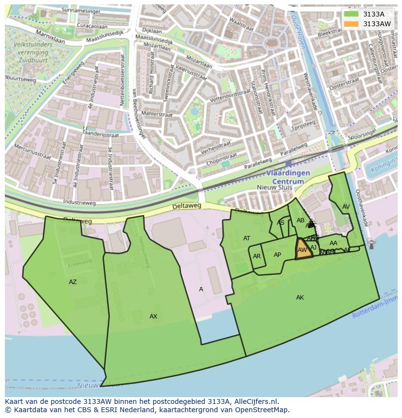 Afbeelding van het postcodegebied 3133 AW op de kaart.