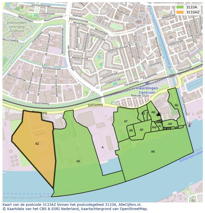 Afbeelding van het postcodegebied 3133 AZ op de kaart.