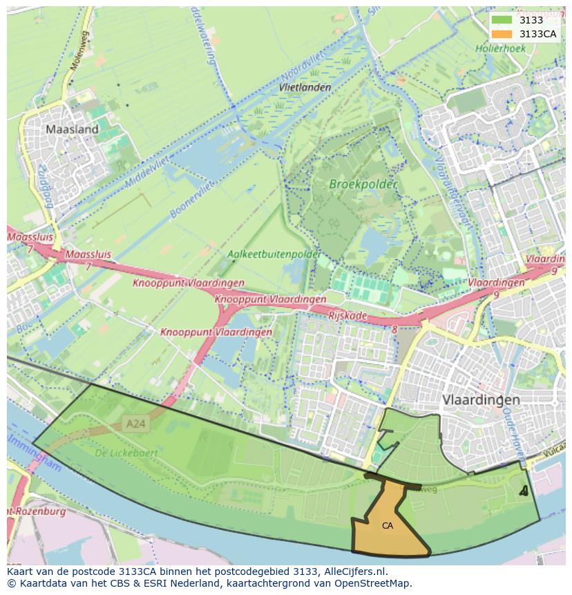 Afbeelding van het postcodegebied 3133 CA op de kaart.