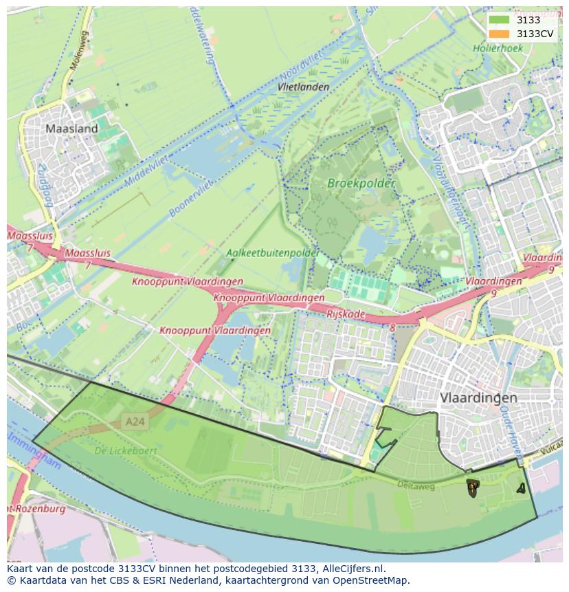Afbeelding van het postcodegebied 3133 CV op de kaart.