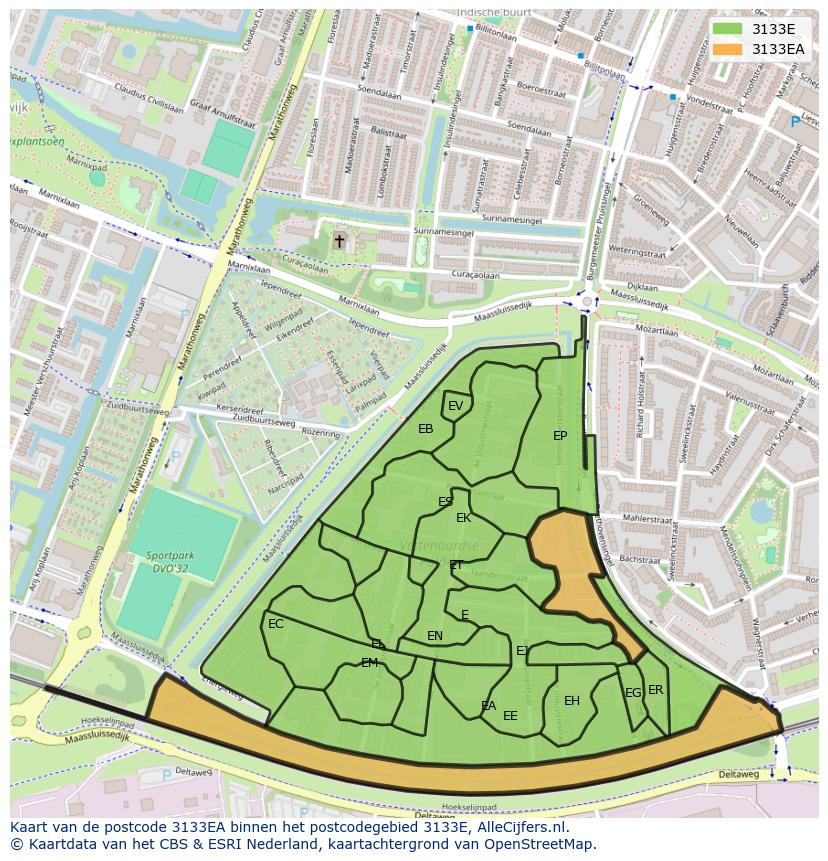 Afbeelding van het postcodegebied 3133 EA op de kaart.