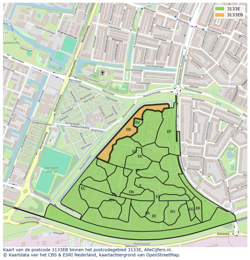 Afbeelding van het postcodegebied 3133 EB op de kaart.